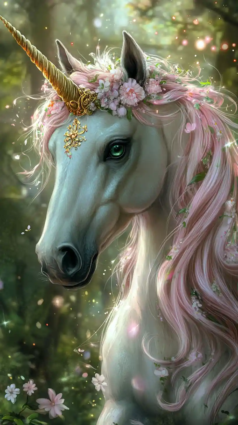 Unicorn With Pink Mane In Enchanted Forest Scene