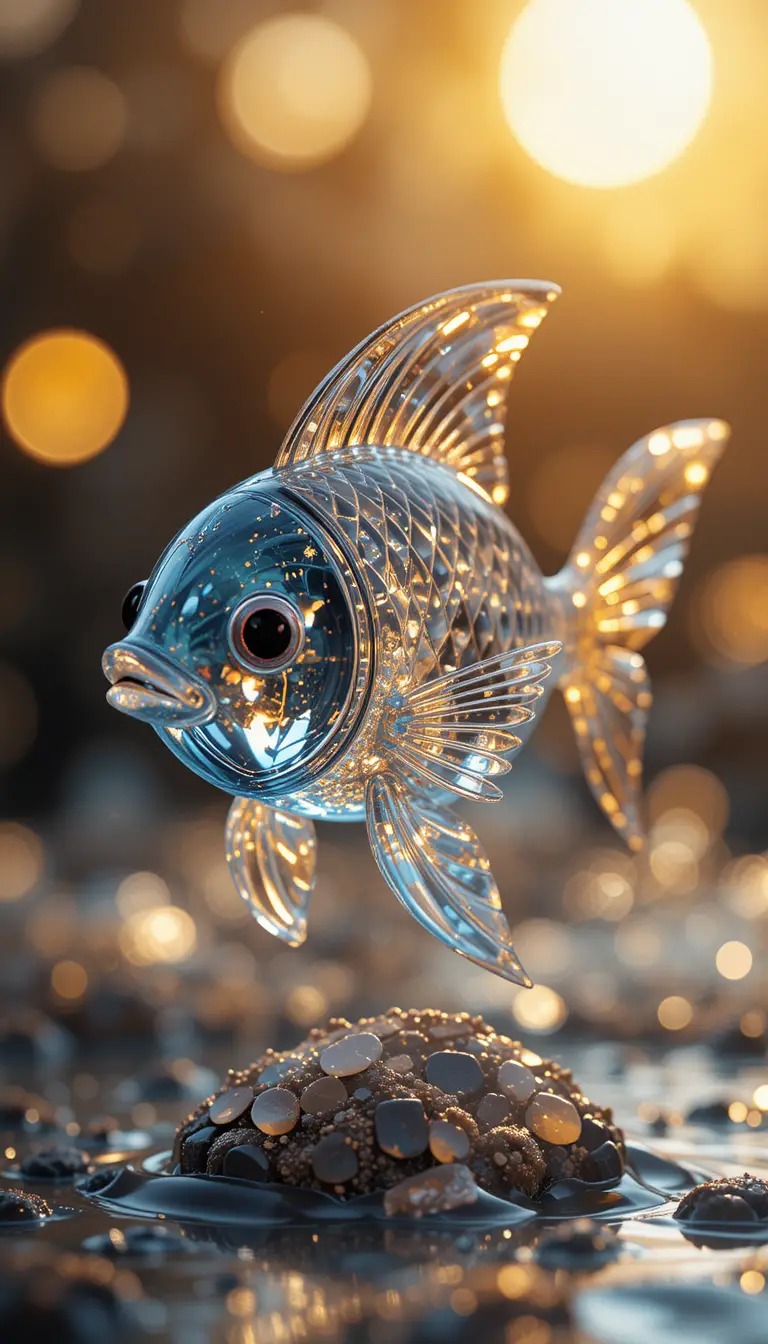 在溫暖陽光下閃耀的玻璃水晶魚