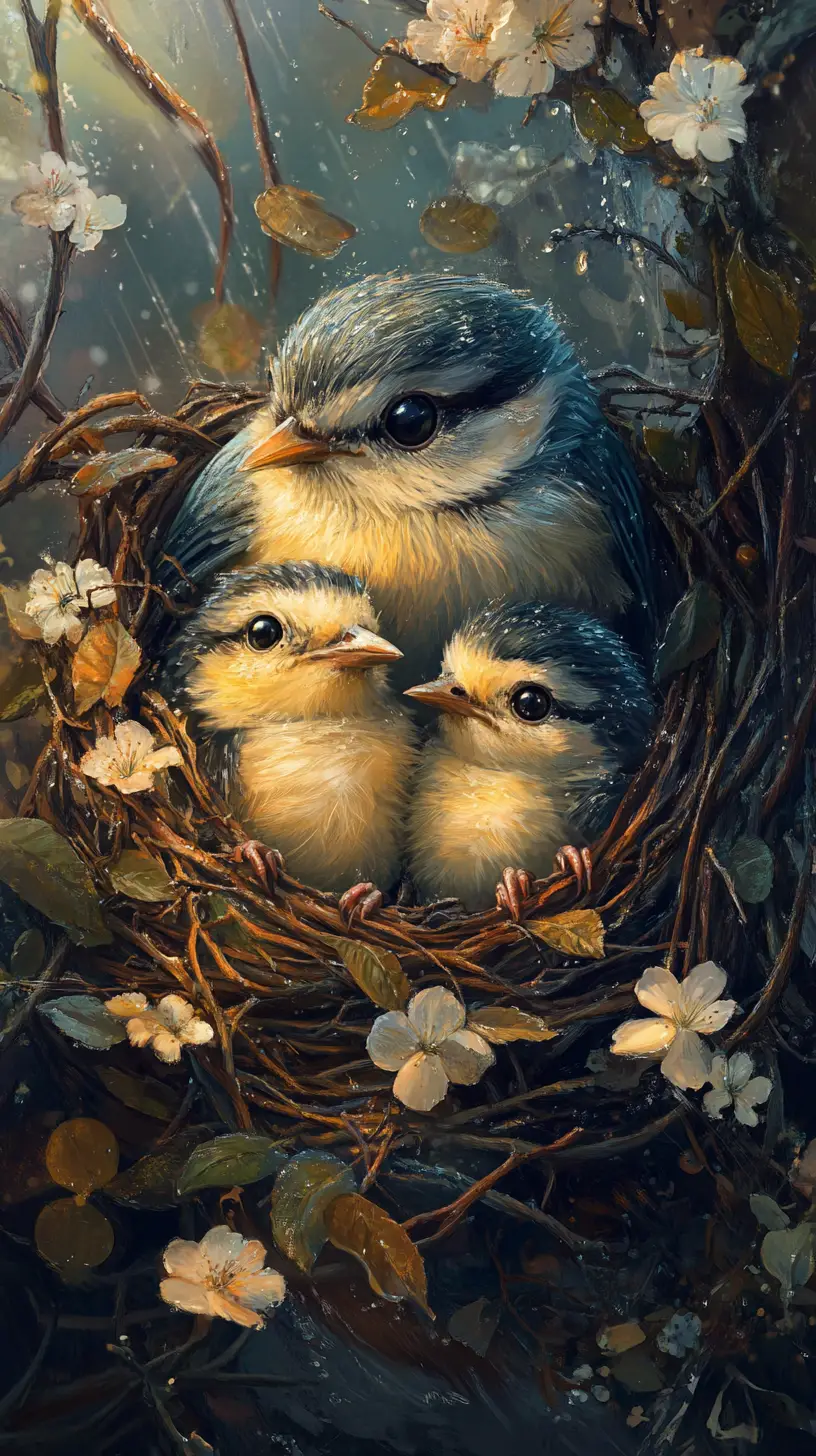 Muttervogel, der seine Küken in einem gemütlichen Nest kuschelt