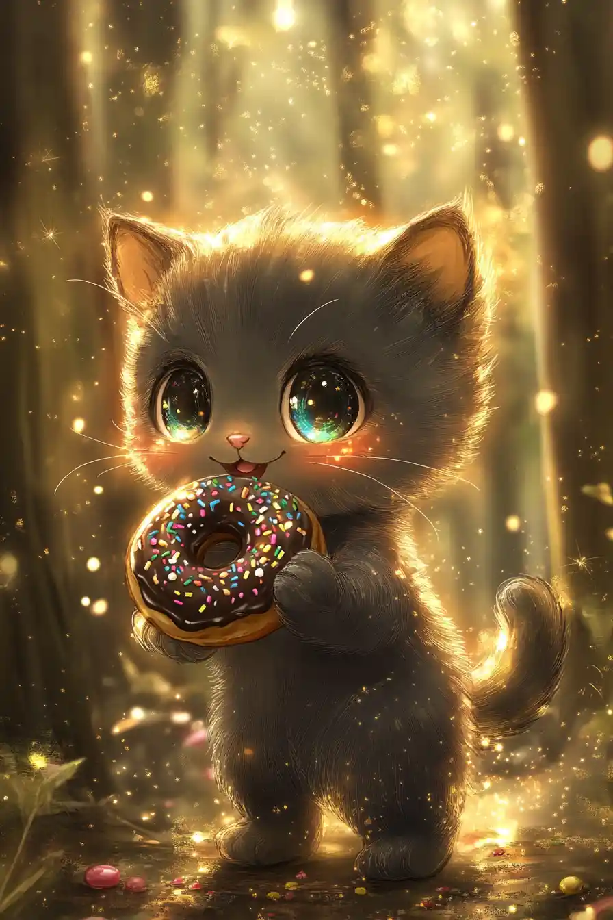 Süßes Anime-Kätzchen mit Donut im leuchtenden Wald