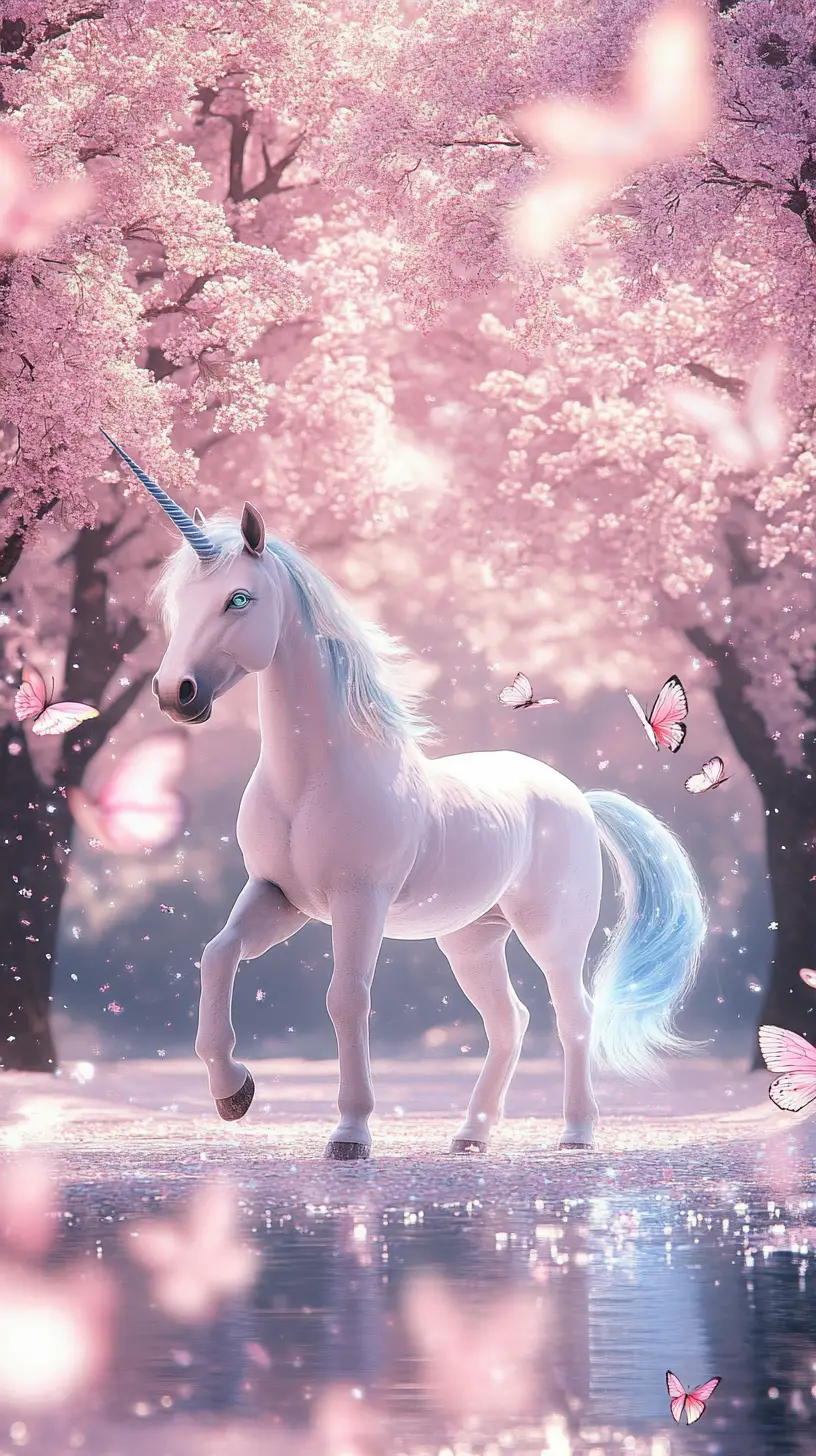 Licorne irisée entre cerisiers en fleurs sous la neige