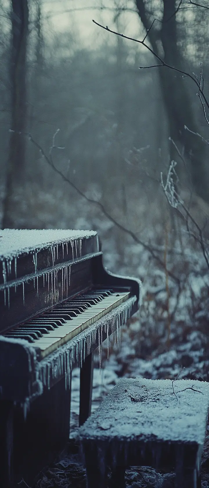 Pianoforte abbandonato in una silenziosa foresta invernale