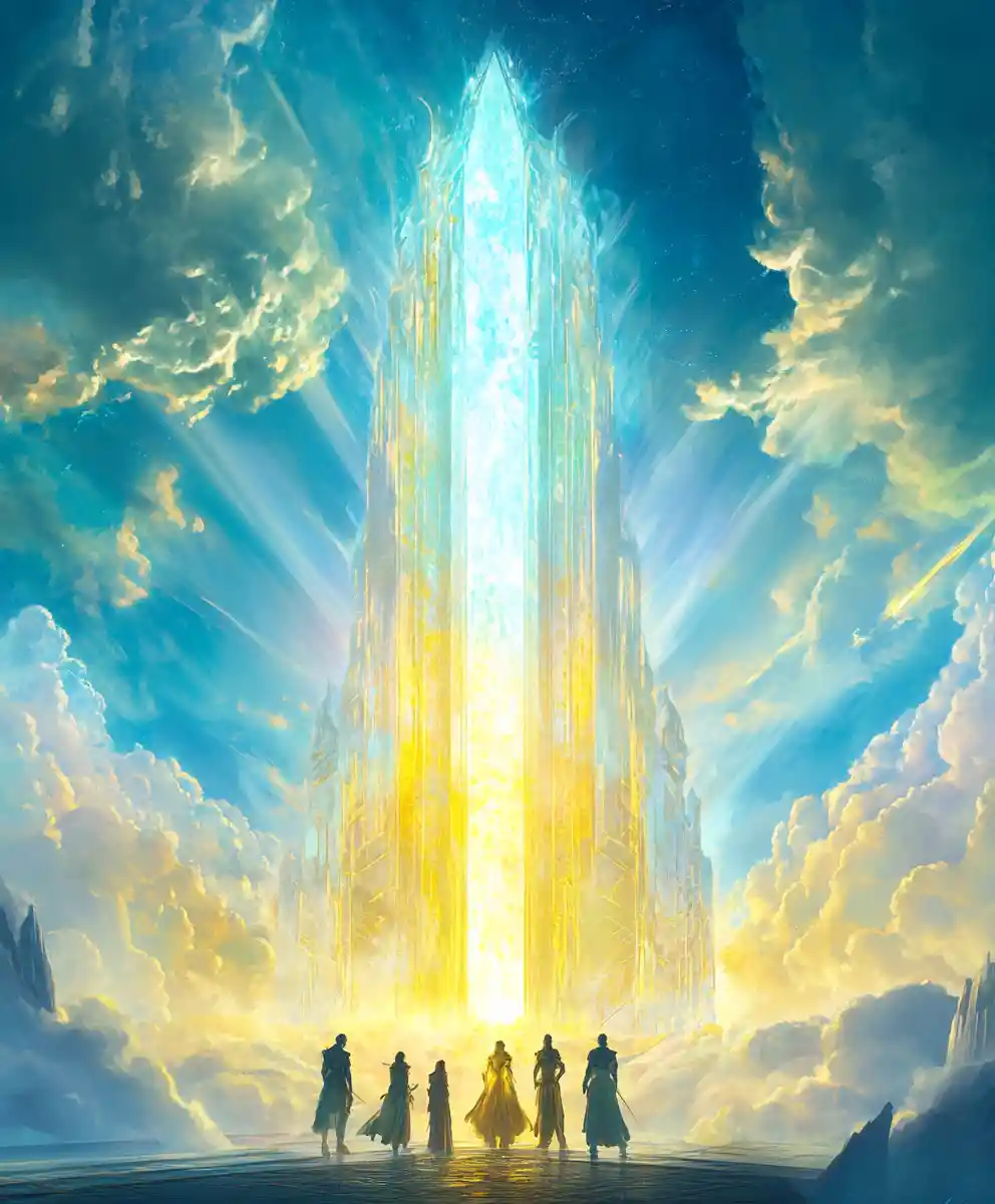 Avventurieri Davanti al Portale Luminoso di un Tempio Fantastico
