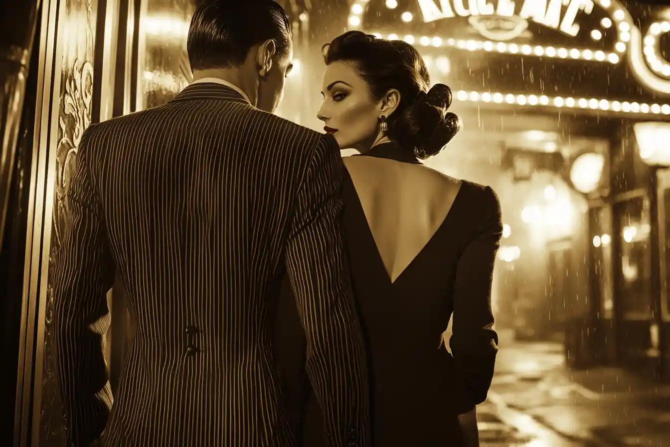 Vintage couple walking into glowing noir cafe entrance