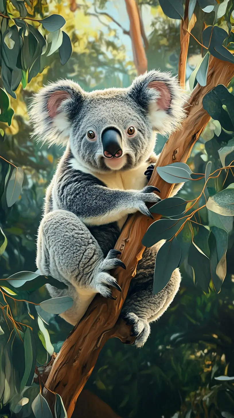 Cute koala on eucalyptus branch in lush green forest