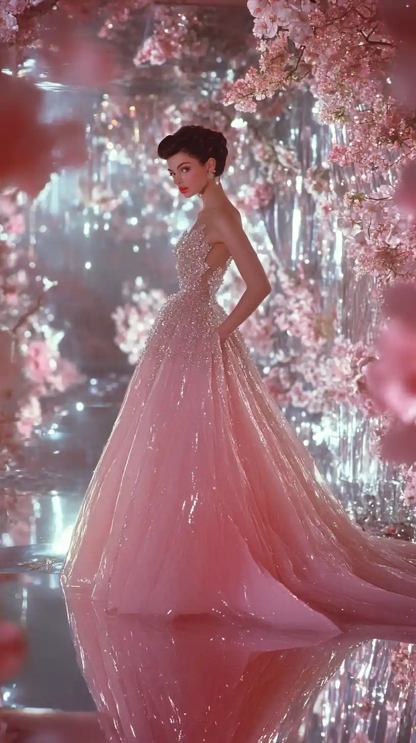 Elegant fashion model on a mirrored pink runway