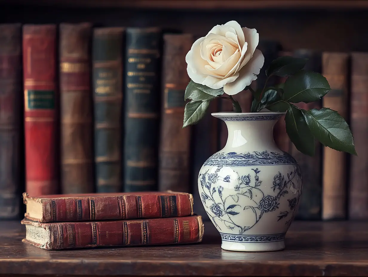 Fine-Art-Stillleben mit Büchern und weißer Rose auf dem Schreibtisch