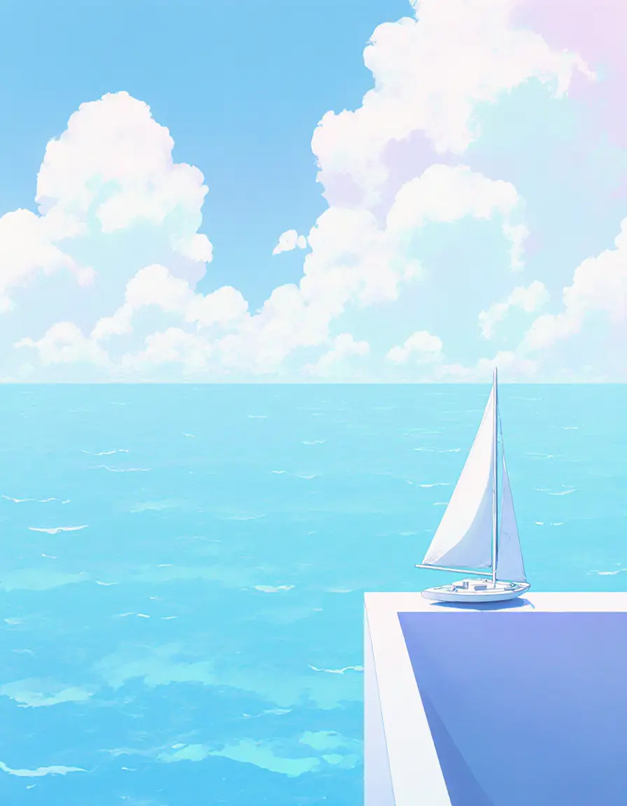 帆船與粉彩天空的極簡動漫海景