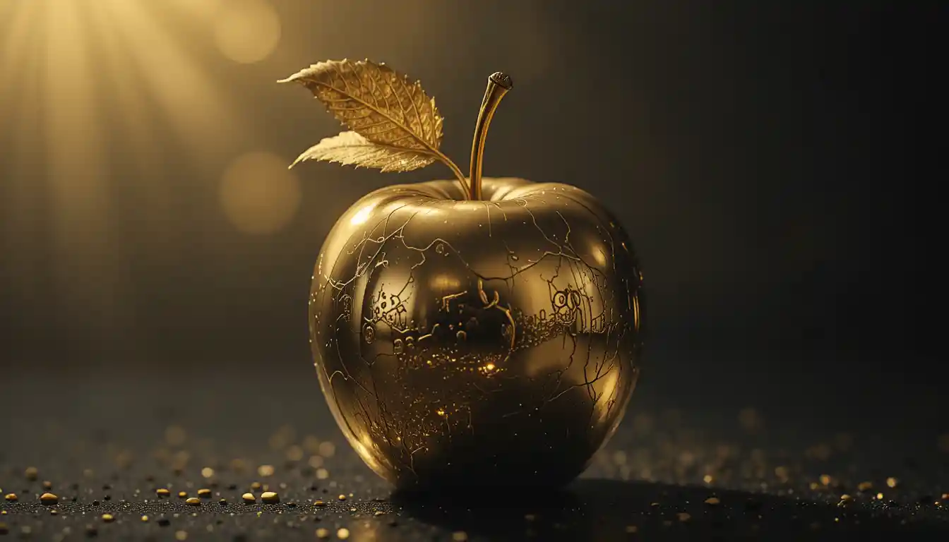 Goldener Apfel in Nahaufnahme mit reich glänzenden Metalldetails