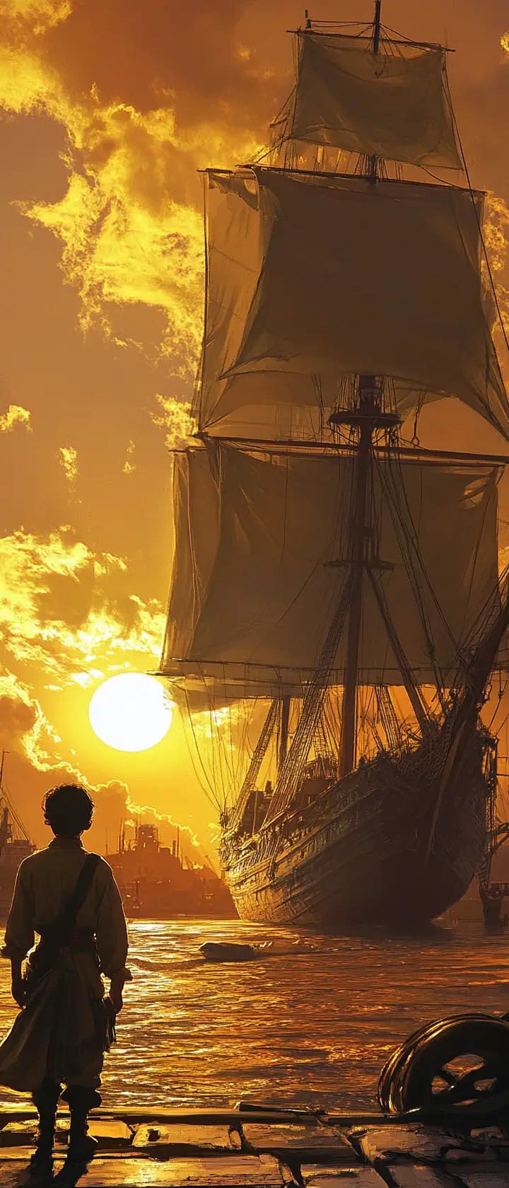 Junger Junge vor einem hohen Segelschiff bei Sonnenuntergang