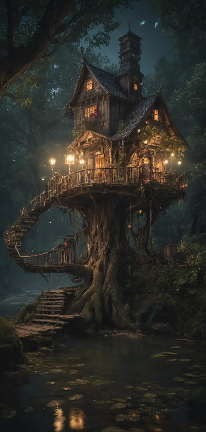 Casetta sull’albero magica accanto a un fiume luminoso sotto il cielo notturno