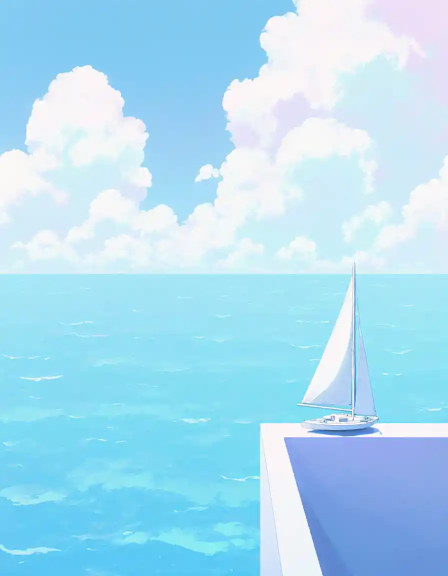 Minimalist anime seascape with sailboat and pastel sky