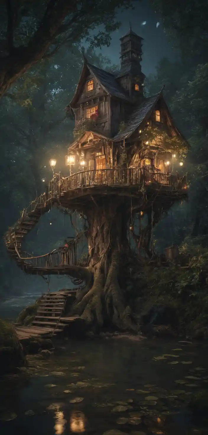 Magical treehouse by a glowing river under night sky