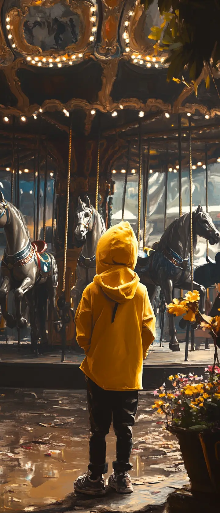 Boy In Yellow Hoodie Watching Carousel In Market