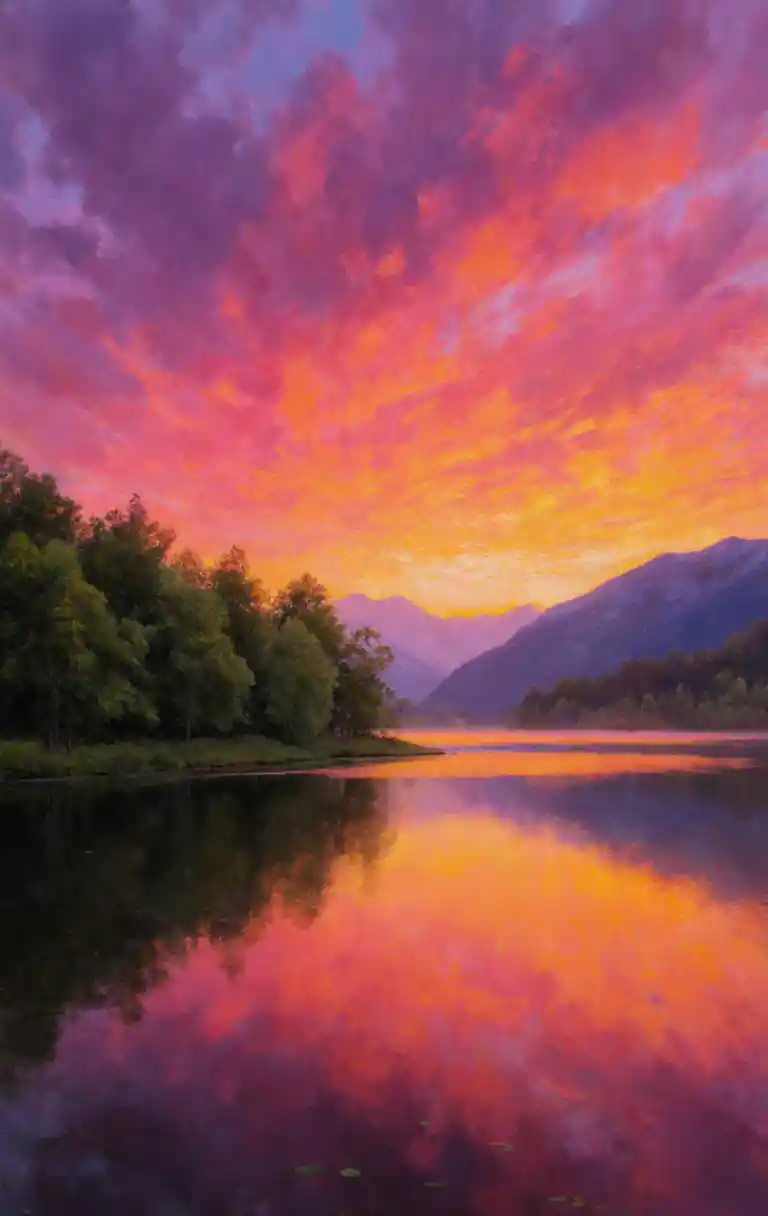 Sunset sky reflected on a tranquil mountain lake