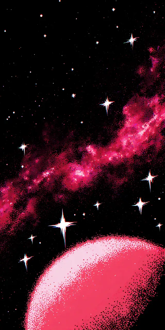 輝くピンクの惑星が浮かぶ鮮やかな宇宙星雲