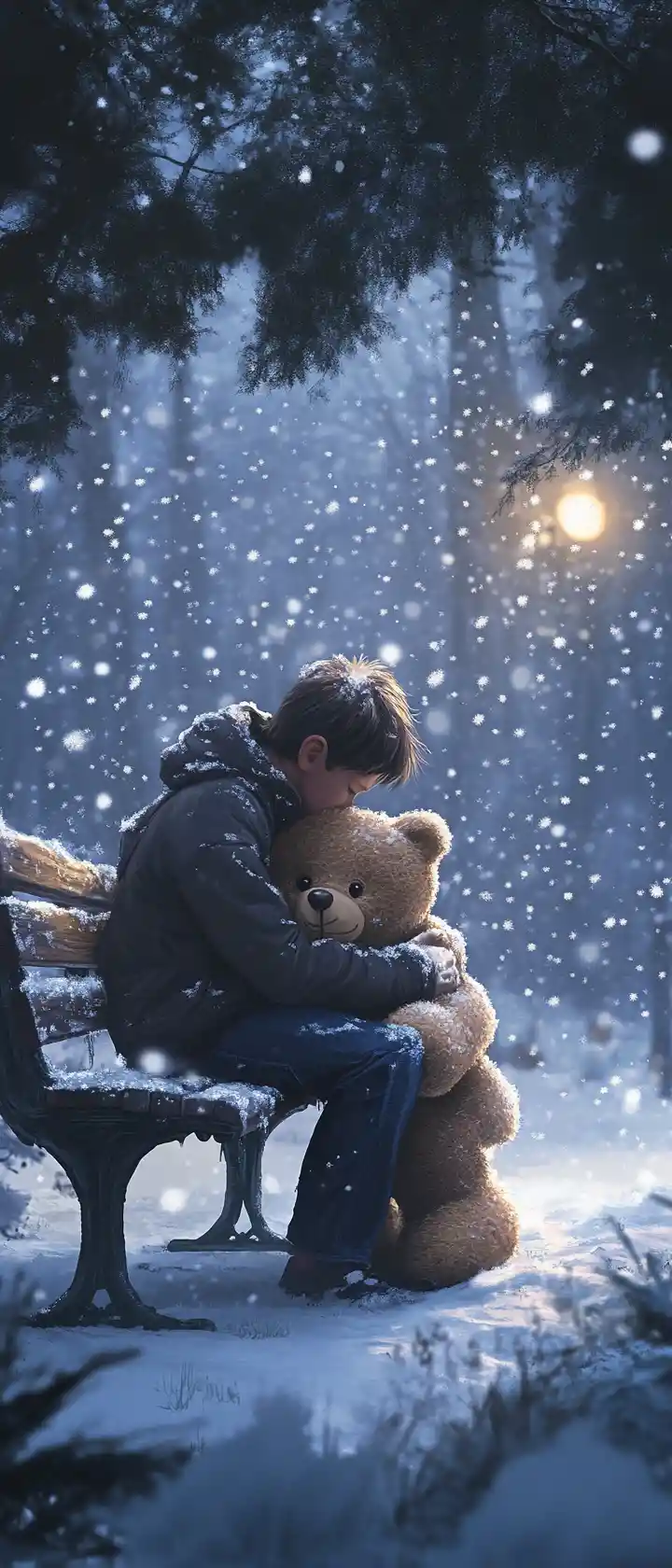 Schüchterner Junge umarmt leuchtenden Teddybären im sanften Schneefall