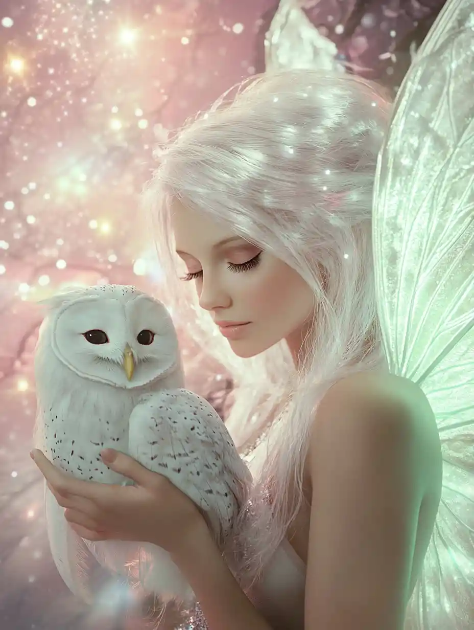 Ethereal fairy holding a white owl at night