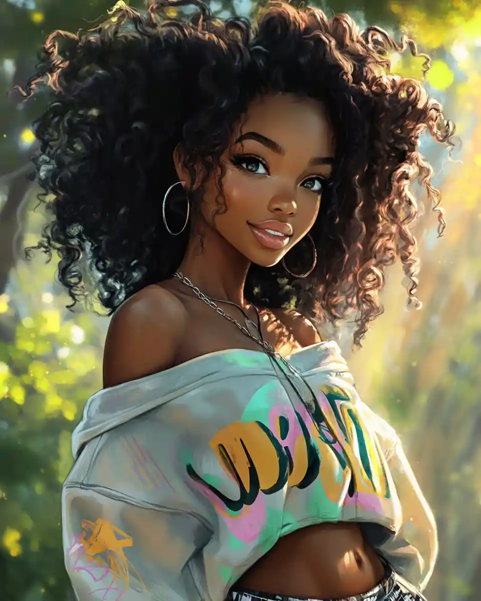 Stylish ebony woman with curls in casual glam outfit