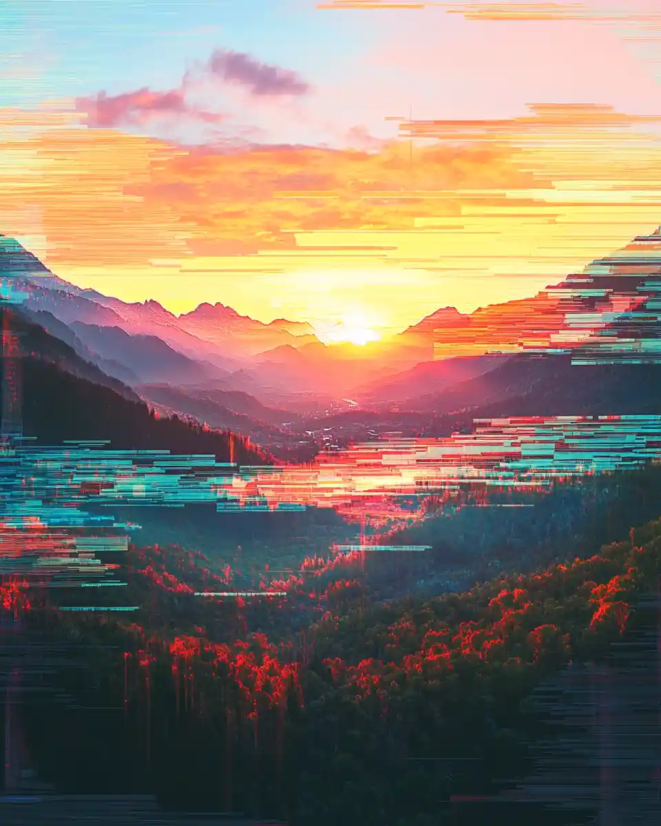 Surreal glitched mountain landscape at vivid sunset