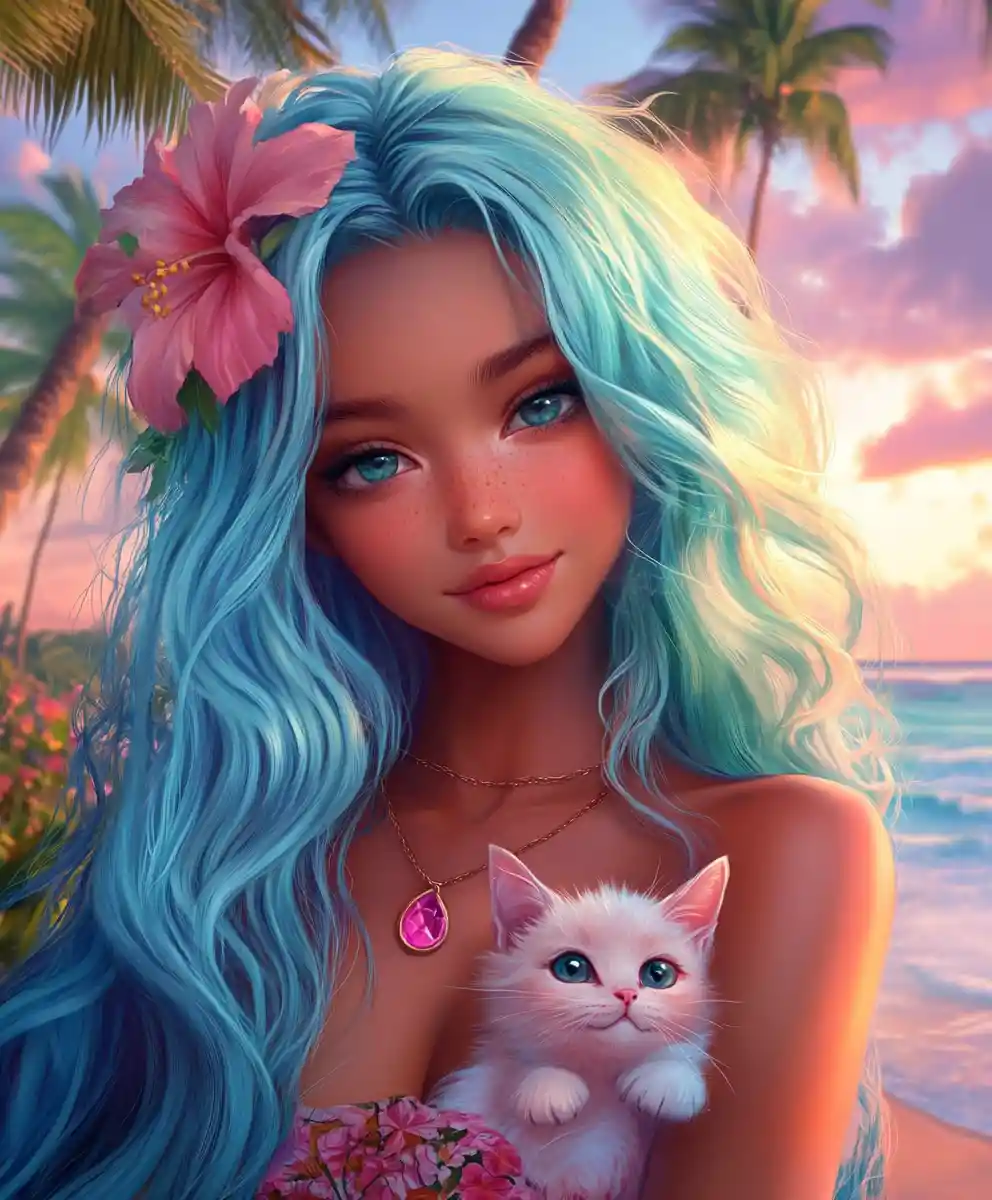Ragazza anime con capelli blu che tiene in mano un minuscolo gatto rosa