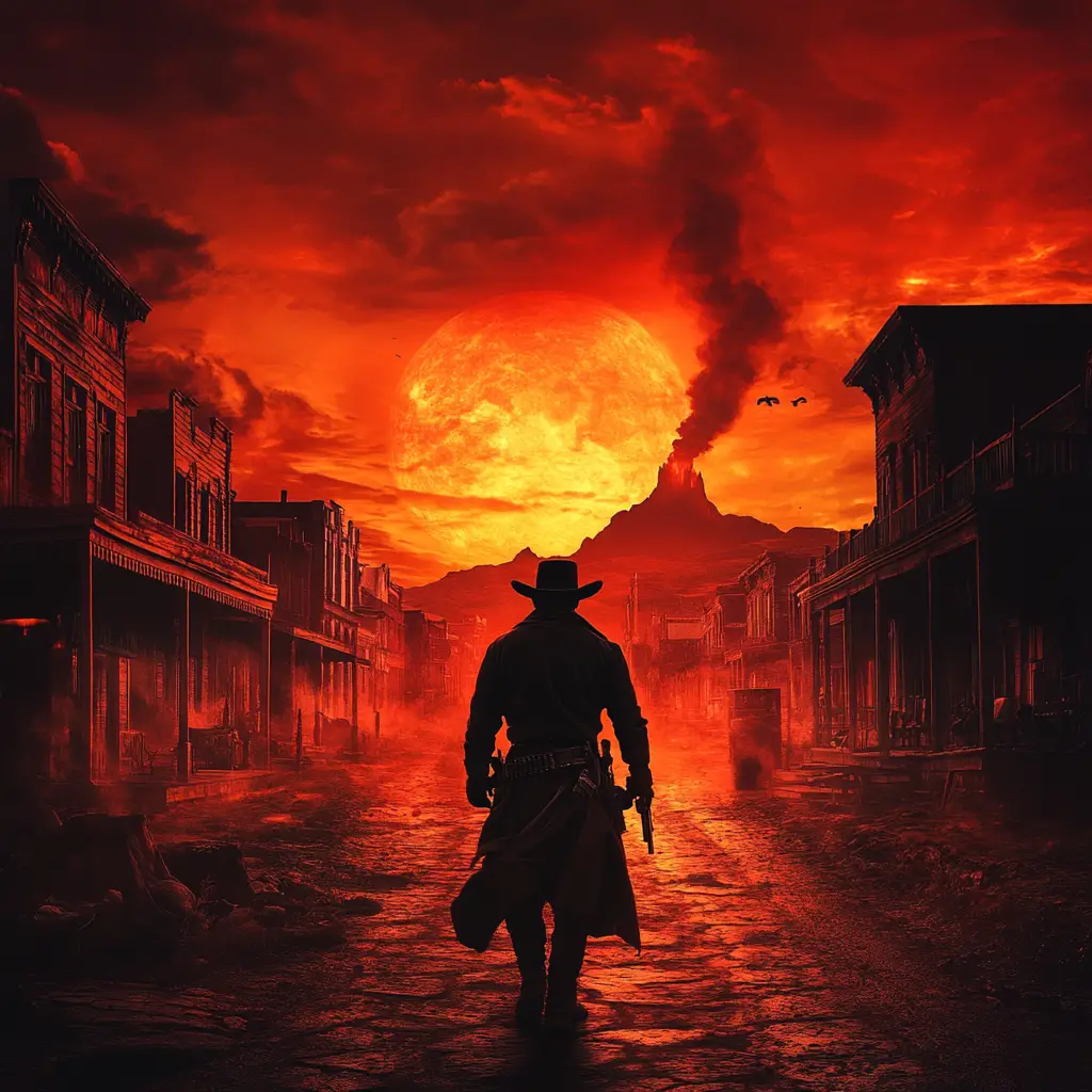 Gunslinger Standing At A Fiery Hellish Western Crossroad