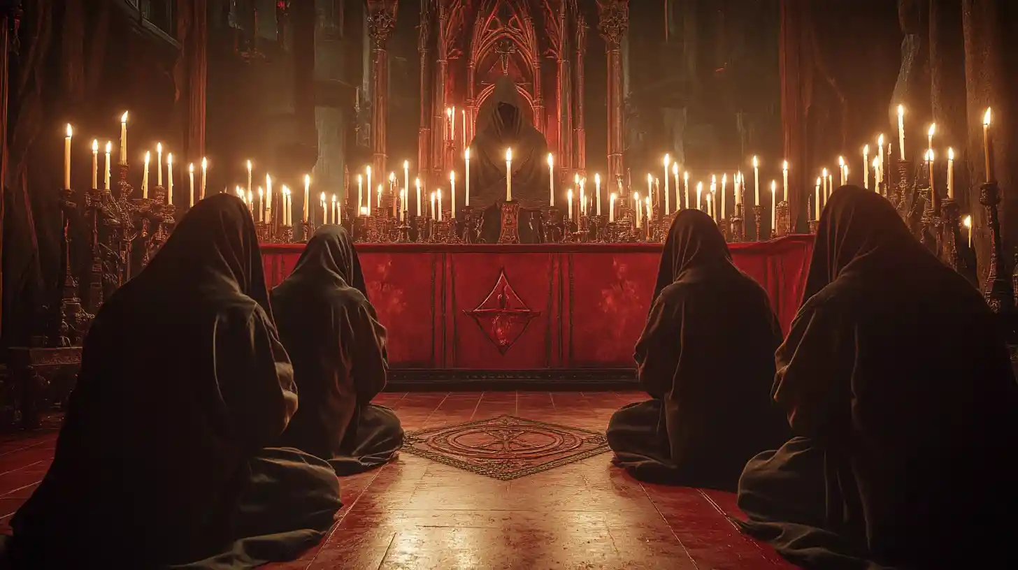 Oscuro rituale satanico davanti a un altare magico demoniaco