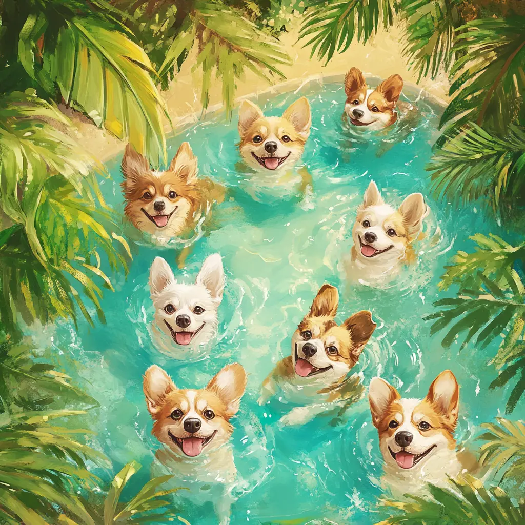 Adorables chiens nageant ensemble dans une piscine tropicale