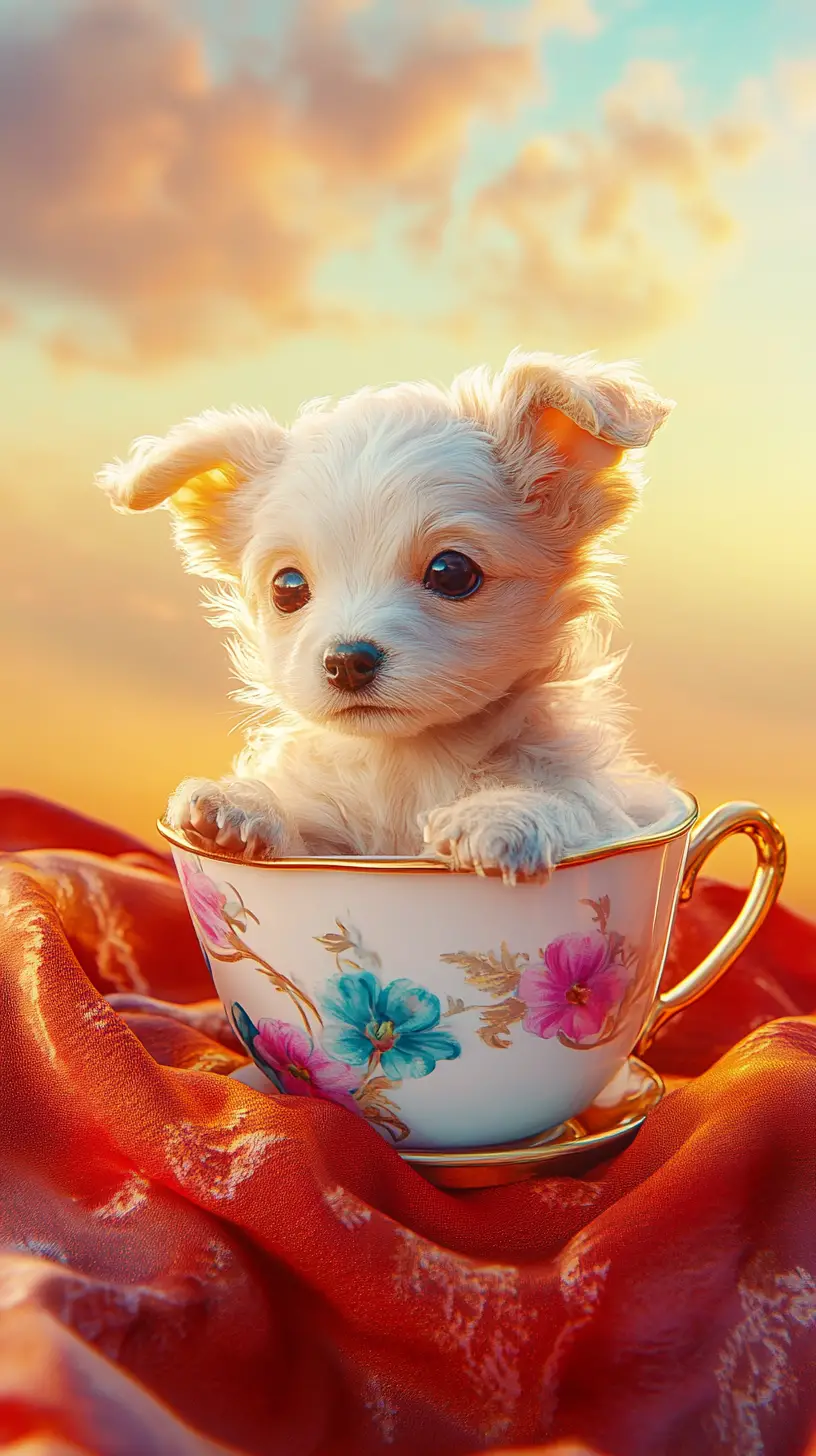 Piccolo cucciolo gioioso seduto in una tazza da tè floreale