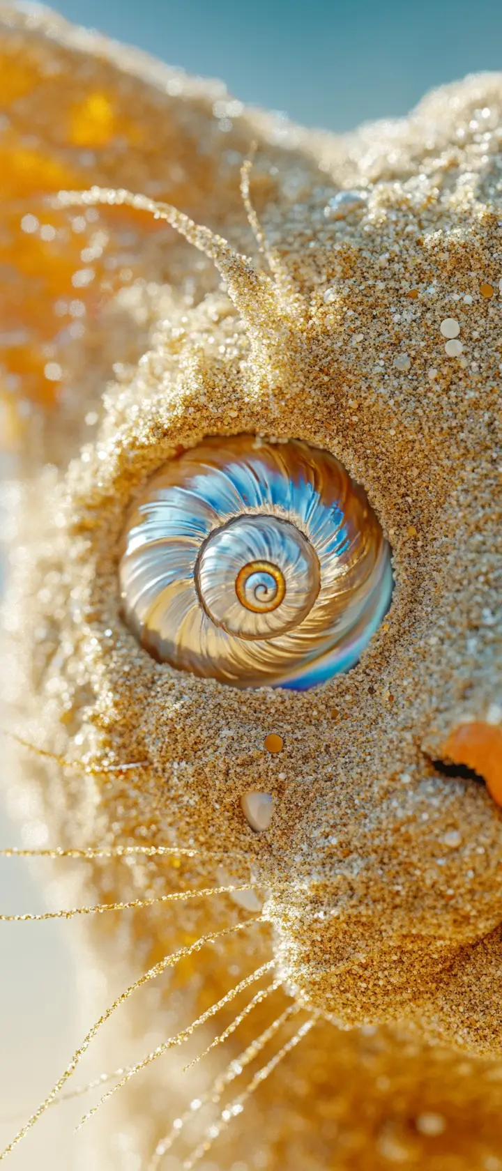 海灘上貝殼眼的超現實沙貓臉