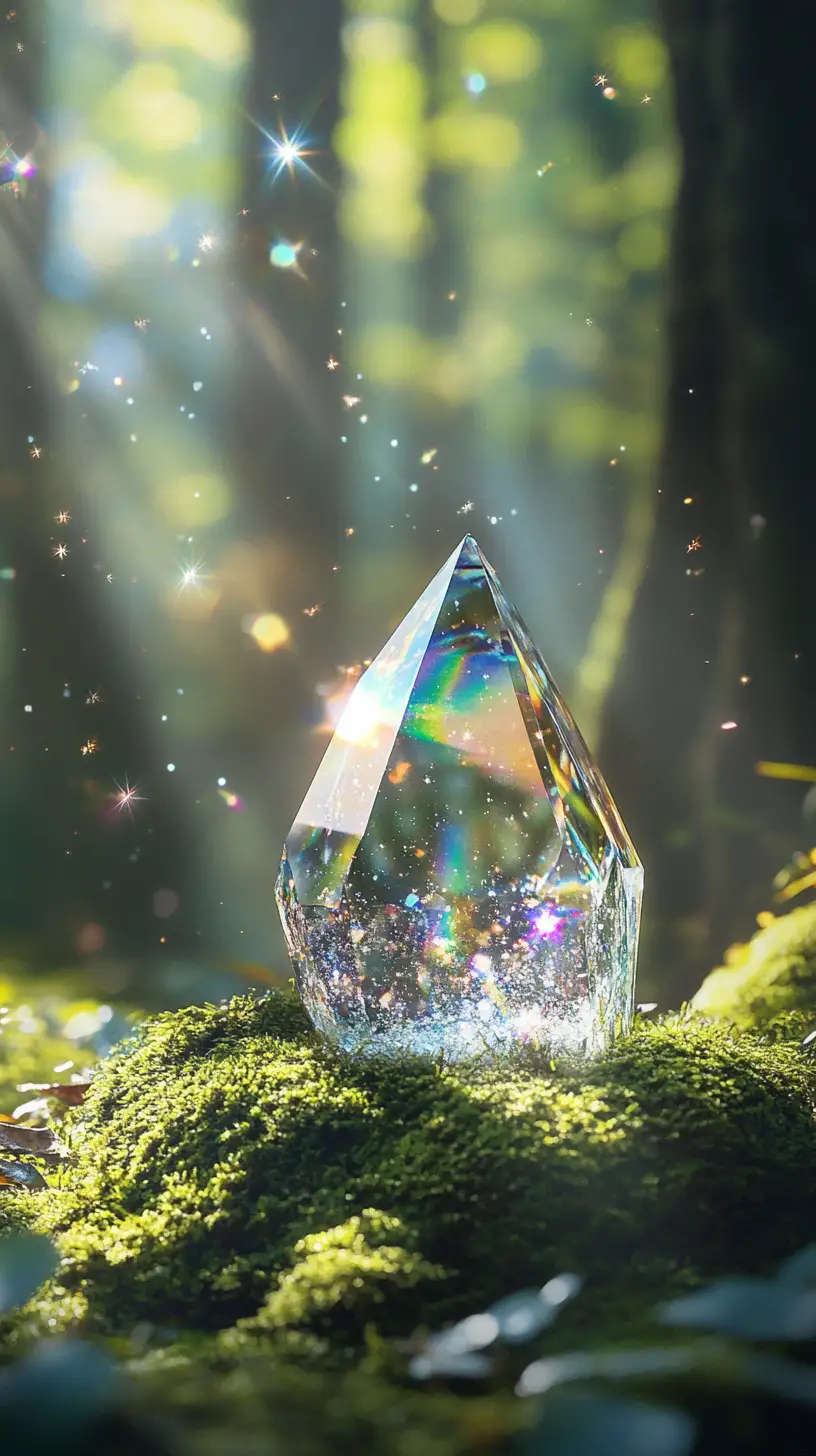 Single crystal on moss in a dreamy mystical forest