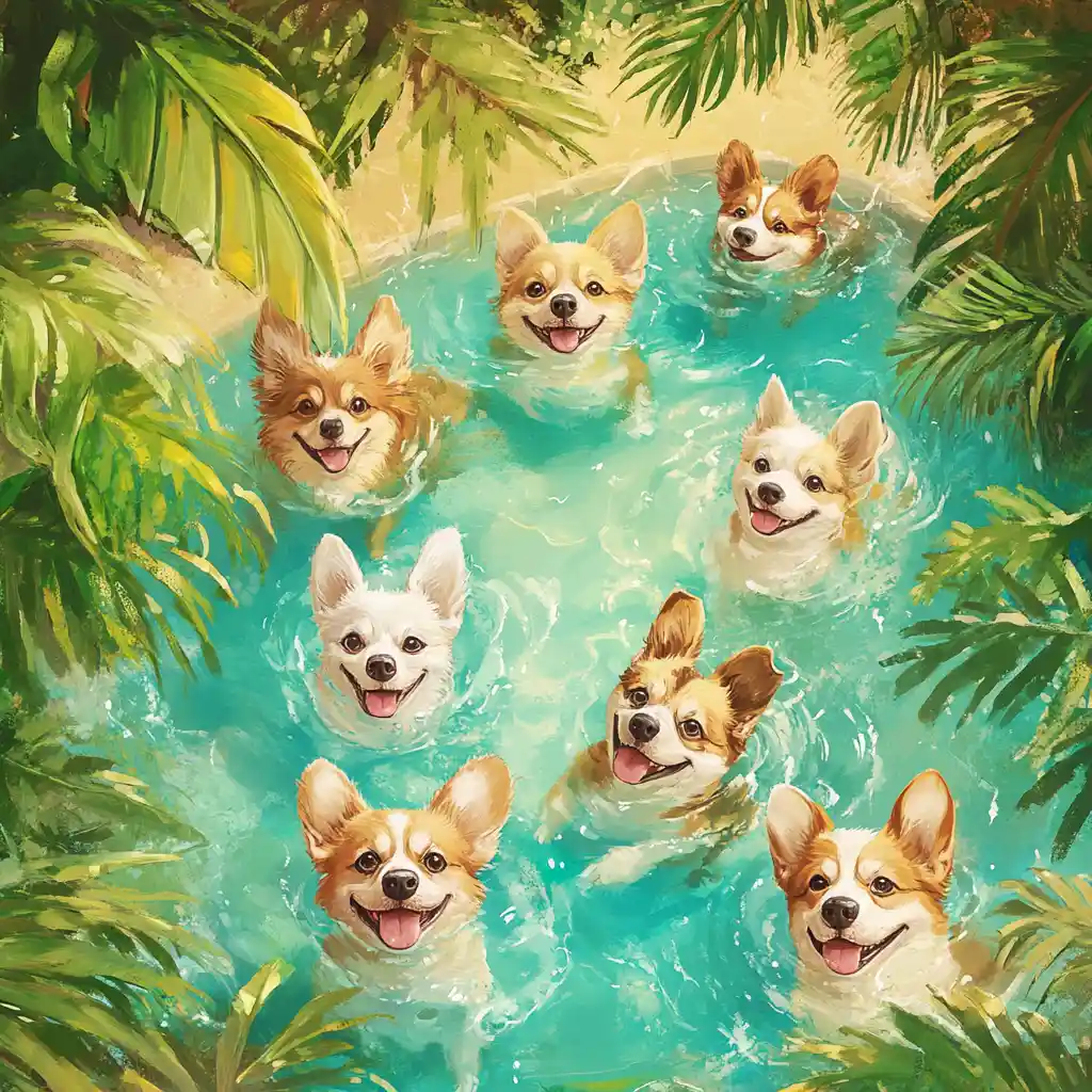 Cagnolini adorabili che nuotano insieme in una piscina tropicale