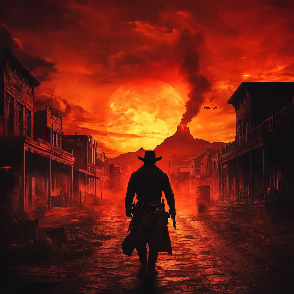 Revolverheld an einer feurigen, höllischen Western-Kreuzung