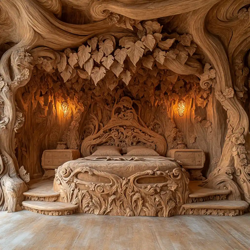 Camera da Letto in Legno Intagliato con Elaborato Design Ispirato alla Foresta