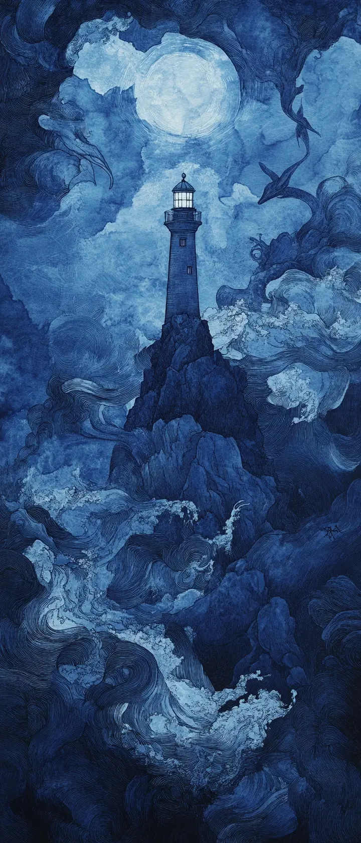 Illustrazione Surreale di Faro in Stile Tarocchi e Creature dell’Oceano