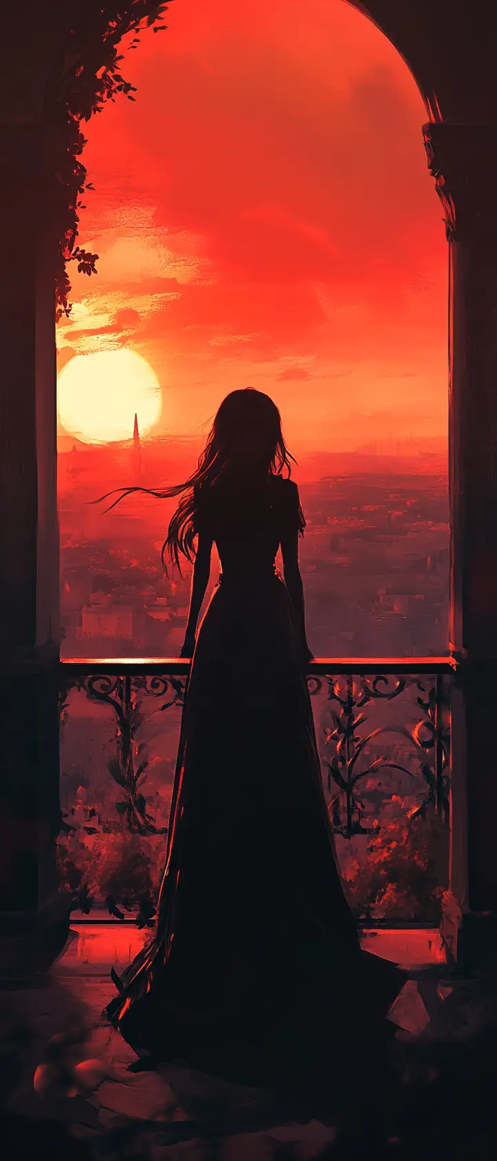 Vampire en style anime sur un balcon au crépuscule