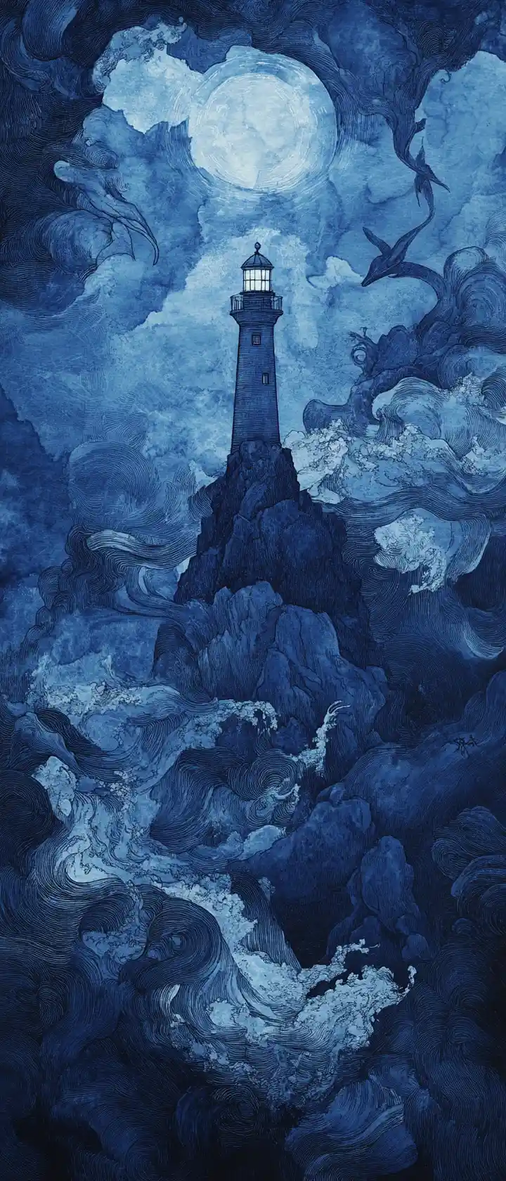 Illustrazione Surreale di Faro in Stile Tarocchi e Creature dell’Oceano