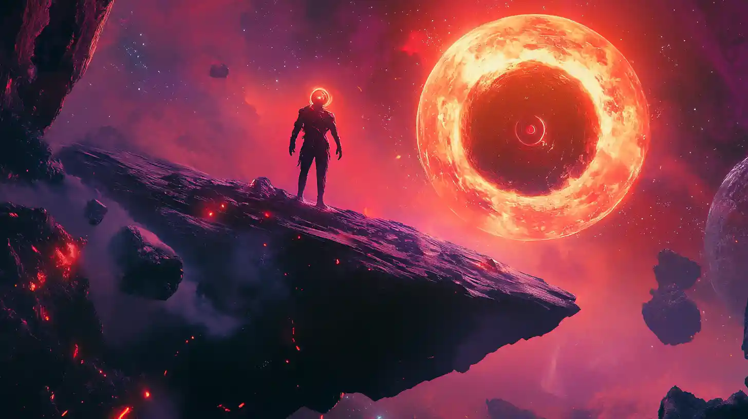 Alien traveler on floating rock amid surreal space worlds