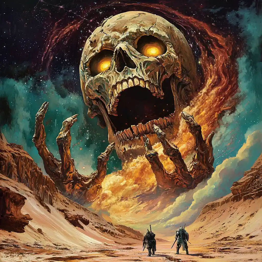 Psychedelic skeletal titan rising from a magical desert pool