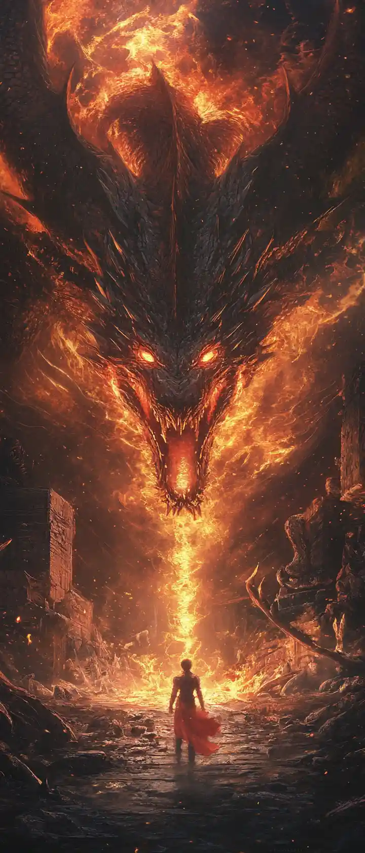 Purpurroter Drache speit Feuer im alten Steinlabyrinth