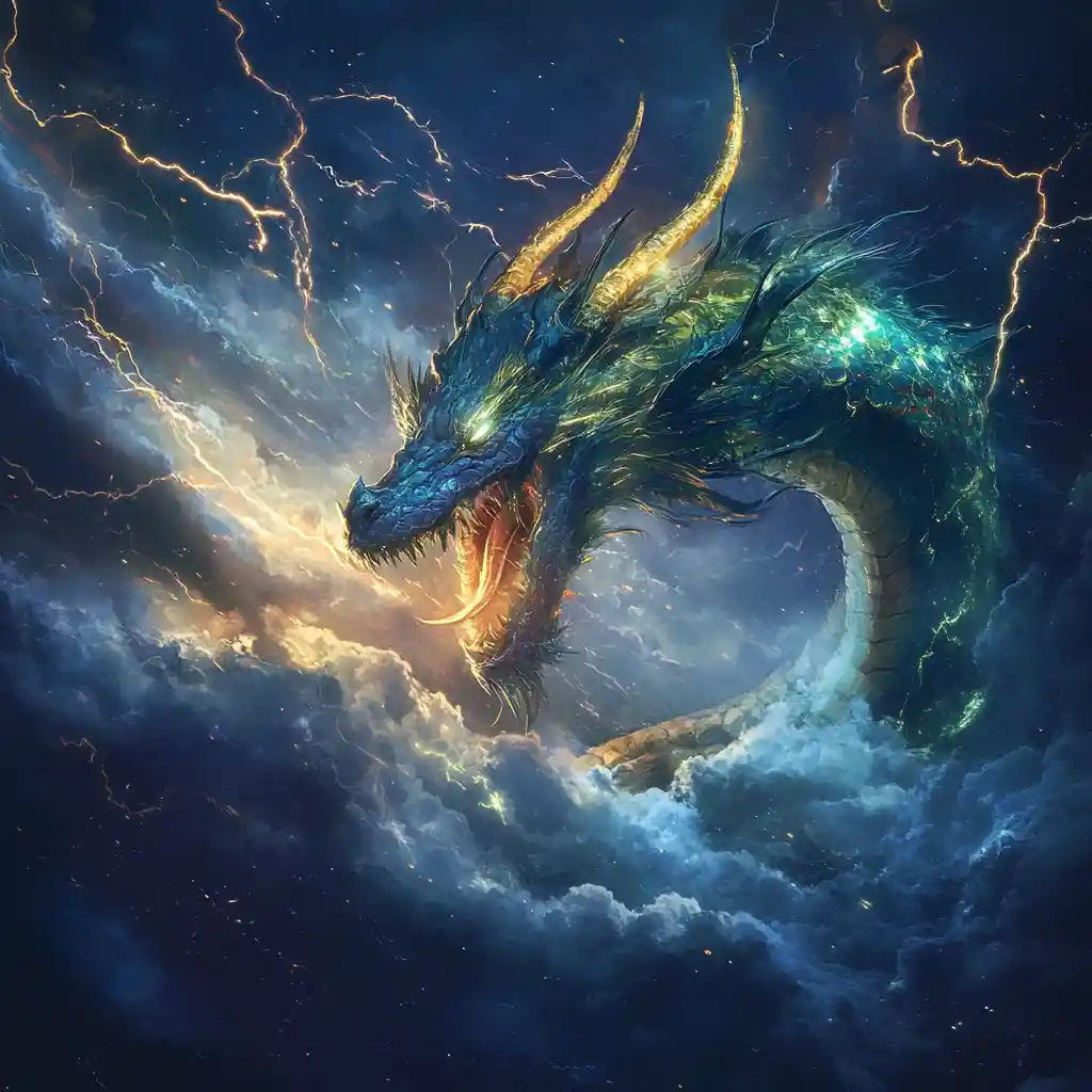 Majestätischer Sturmdrache über einem tobenden Blitzhimmel