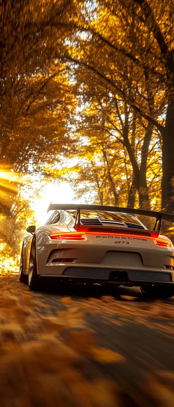 Porsche 911 GT3 filant dans un tunnel forestier automnal baigné de soleil