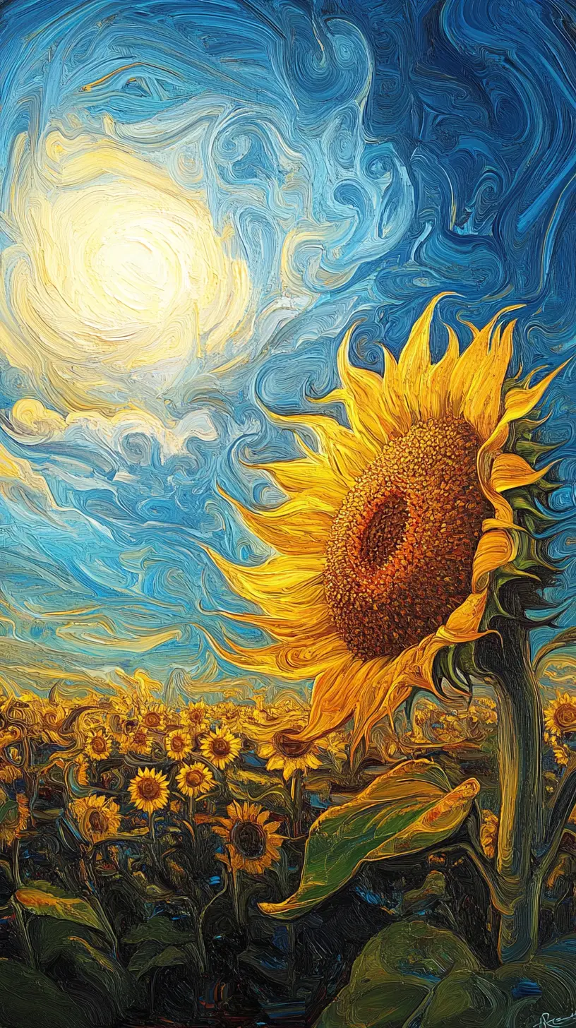 Girasole in un campo sotto un sole intenso e turbinante