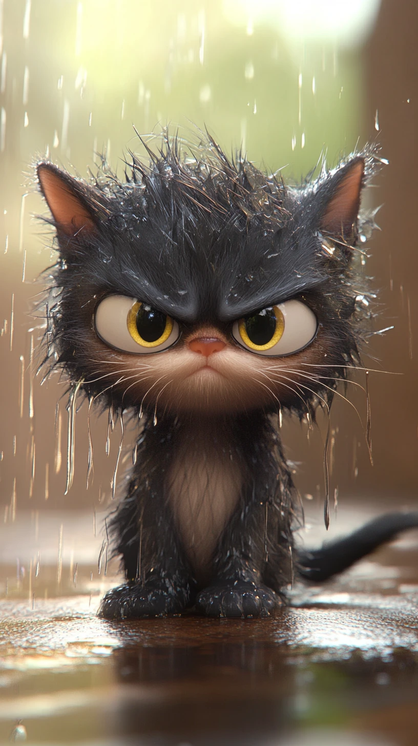 Ilustração de gatinho fofo, mal-humorado e molhado em um prado ensolarado