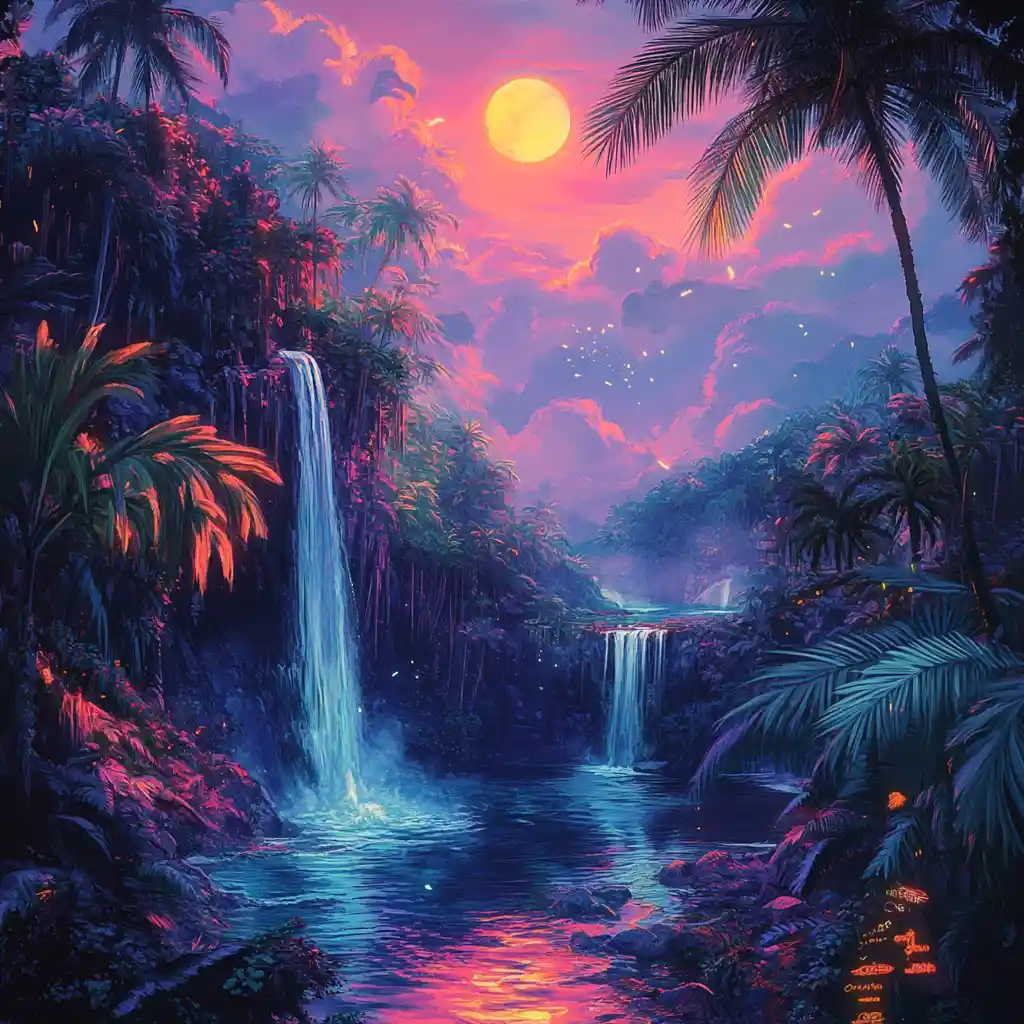 Tropische Lagune bei Sonnenuntergang mit Palmen und Wasserfall
