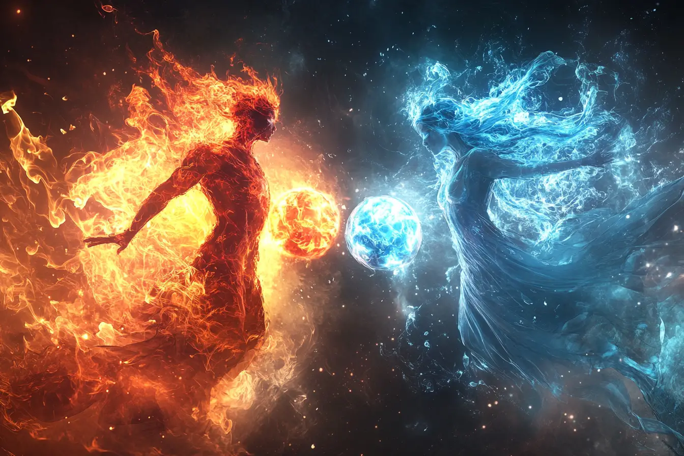 Figures de feu et de glace tenant des orbes lumineux dans le vide cosmique