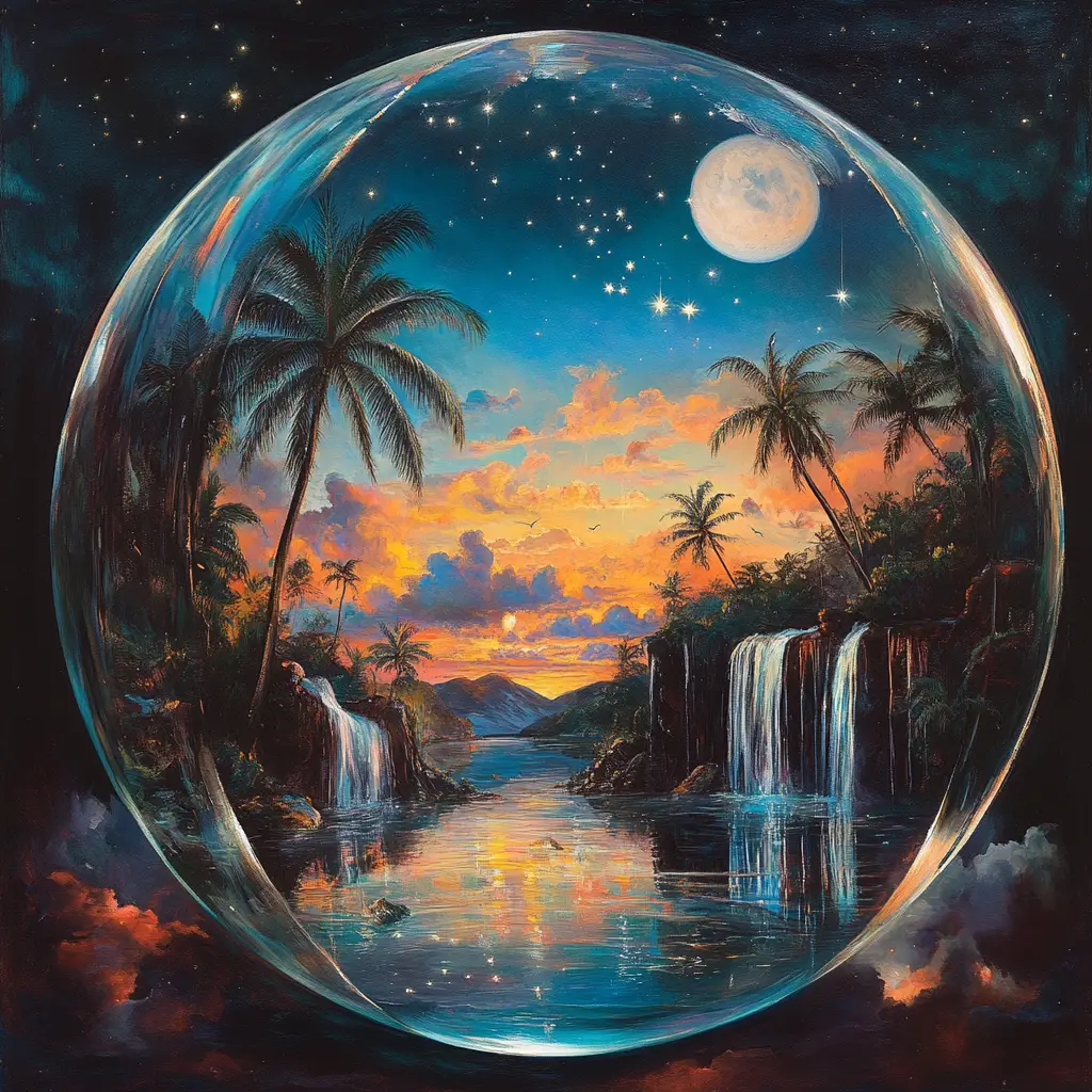 Surreal glass sphere holding a serene tropical lagoon