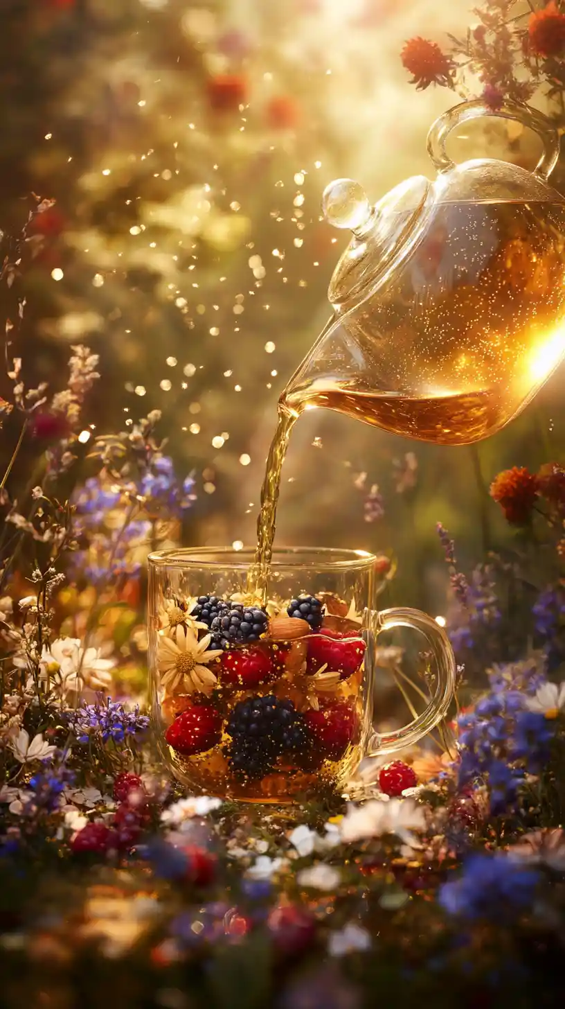 Glass teapot pouring tea into berry filled glass mug