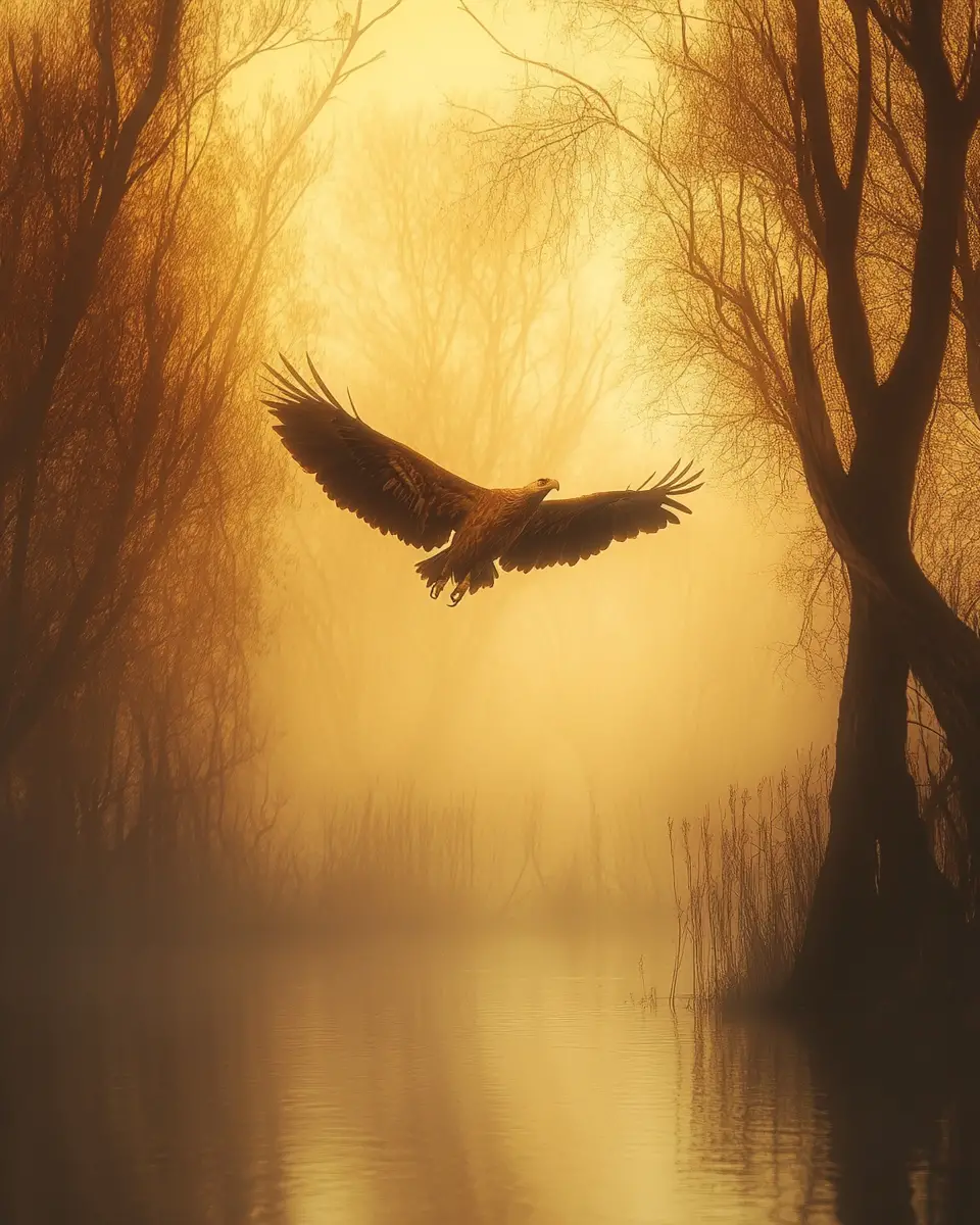 Adler über goldenen Feuchtgebieten bei Sonnenuntergang