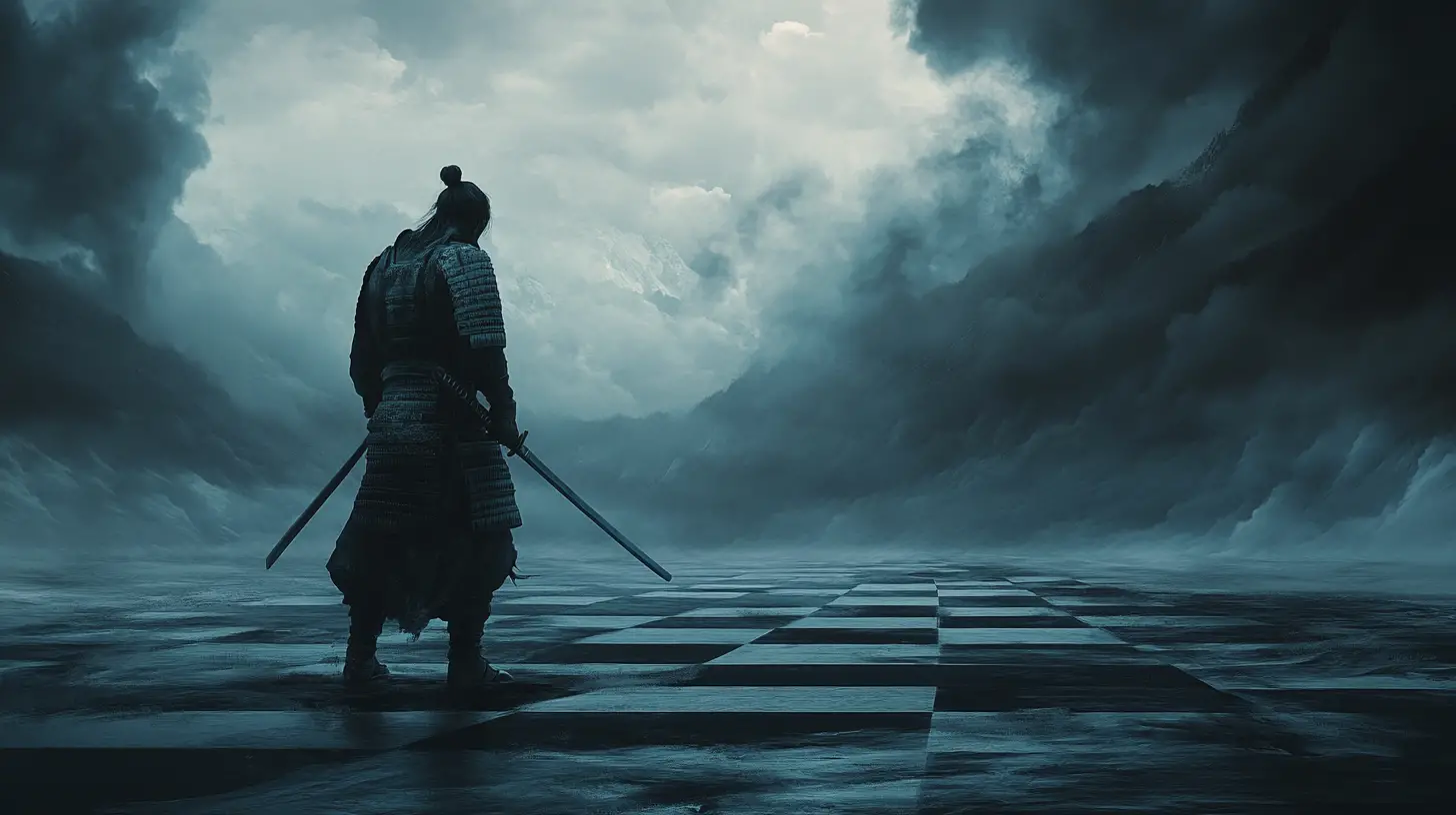 Statue di samurai in scontro su una scacchiera mistica e oscura